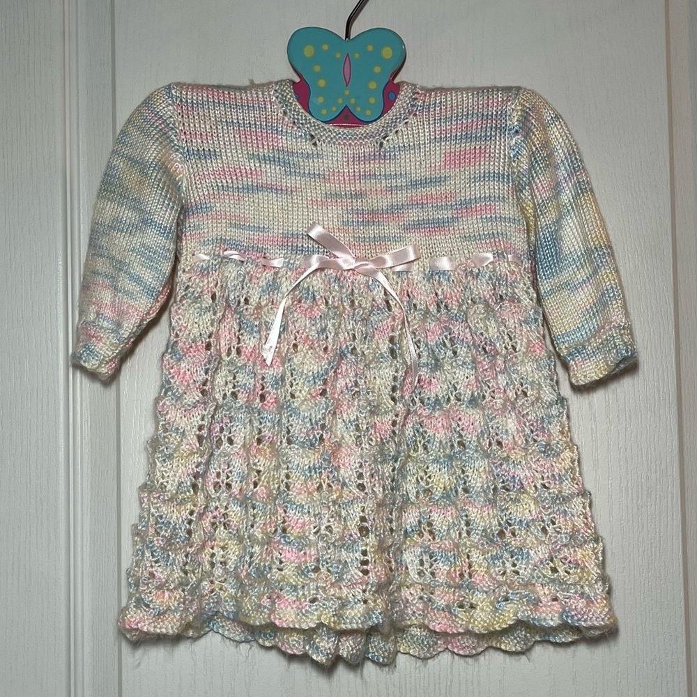 Handmade Knitted Pastel Multicolour Baby Dress , Size 0-6M Fairycore Whimsy Boho